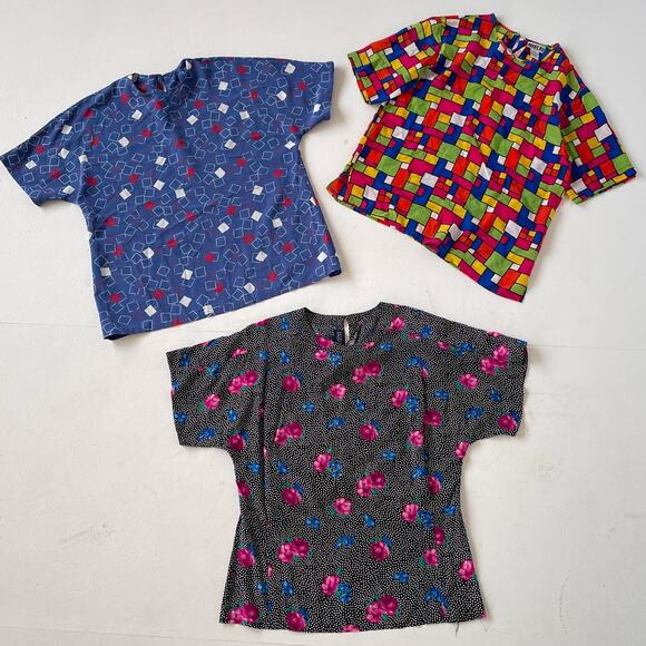 VINTAGE 80s Boxy Patterned Top Wholesale Bundle / 3 Pcs / Silk Lot Womens - Picture 1 of 9